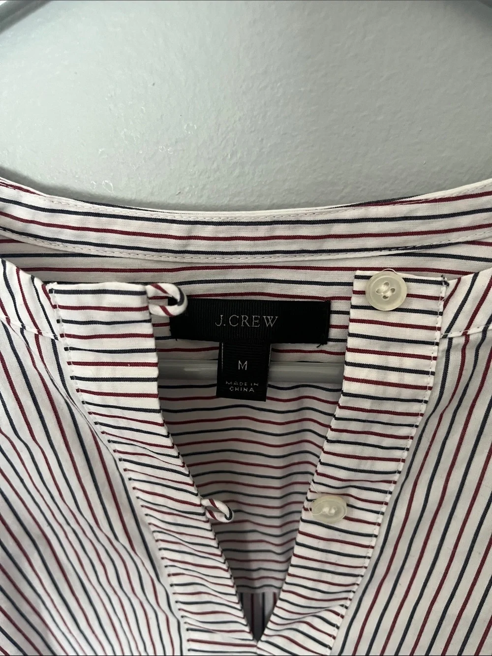 J. Crew Pink and White Striped Tie-Waist Blouse with Navy Embroidery